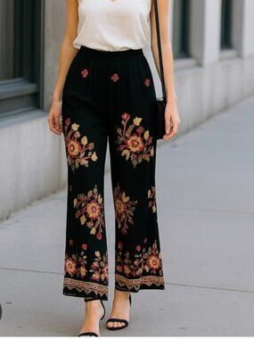 Liv Los Angeles Size L Black Wide Leg Embroidered Pants